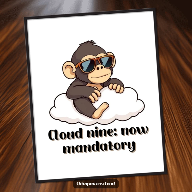 Funny Free Printable Wall Art: A curious chimp in sunglasses relaxes on a cloud, exuding cool, laid-back vibes.