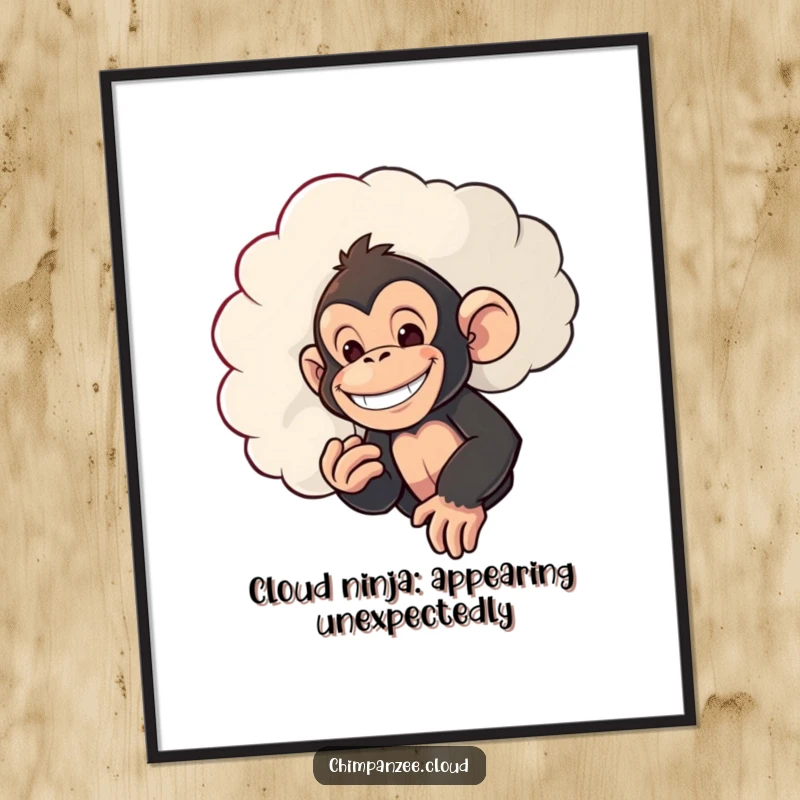 Funny Free Printable Wall Art: Mischievous chimpanzee peeking from behind a cloud with a playful, knowing grin.