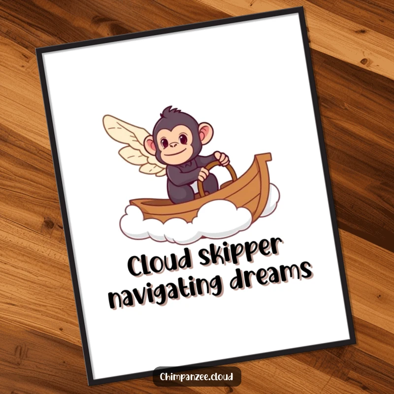 Funny Free Printable Wall Art: A chimpanzee with wings gleefully steering a boat made of clouds, a surreal and humorous depiction.