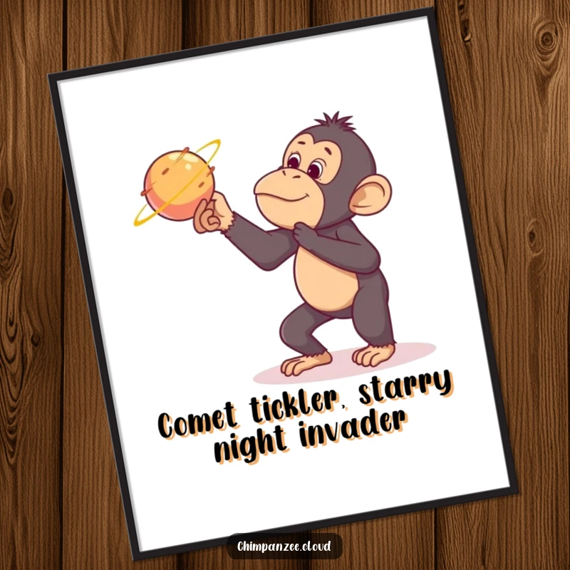 Funny Free Printable Wall Art: A mischievous chimpanzee tickling a passing comet with a playful, cheeky expression.