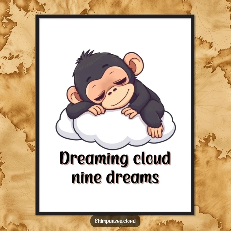 Funny Free Printable Wall Art: A contented chimpanzee snoozes on a fluffy cloud, radiating pure relaxation and humor.