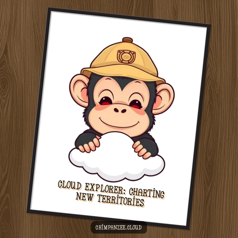 Funny Free Printable Wall Art: Cute chimpanzee in explorer hat peering over a cloud, with a curious expression.