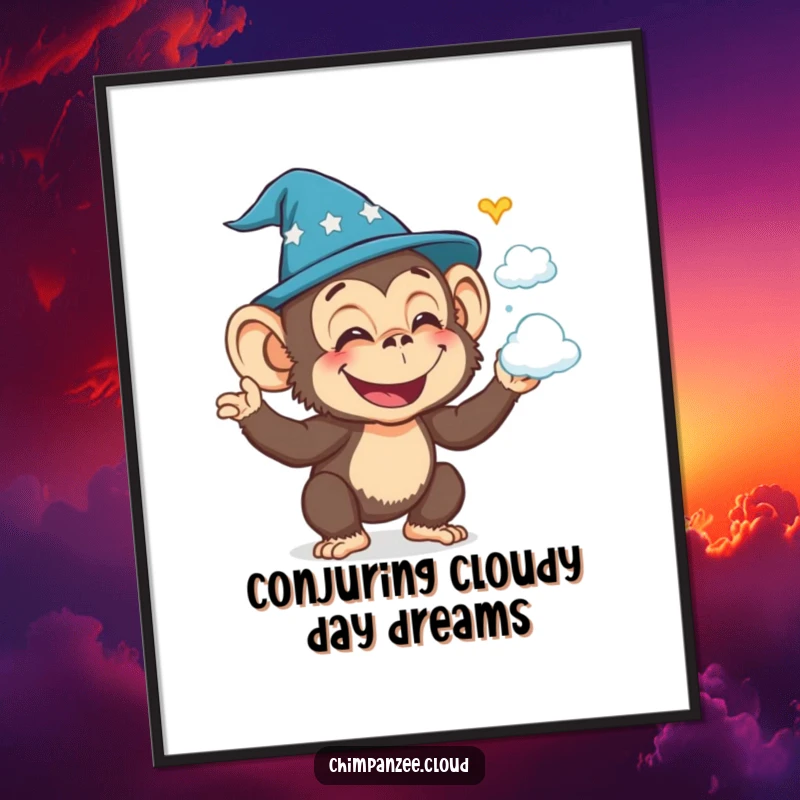 Funny Free Printable Wall Art: Joyful chimp in wizard hat conjures whimsical cloud shapes, bringing enchanted vibes.