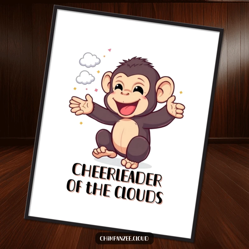 Funny Free Printable Wall Art: A cheerful chimpanzee celebrates with tiny cloud confetti, adding a pop of joy to your decor. Downloadable art.