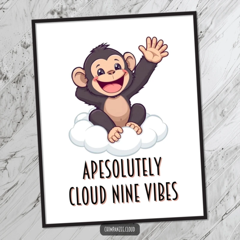 Funny Free Printable Wall Art: A happy chimpanzee excitedly waving hello from atop a soft, fluffy cloud.