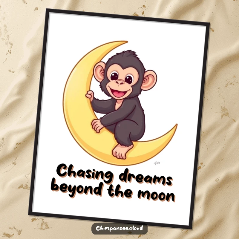 Funny Free Printable Wall Art of a cute chimpanzee character enjoying a ride on a bright crescent moon.
