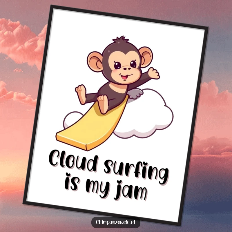 Funny Free Printable Wall Art: A chimpanzee is captured in motion, happily sliding down a whimsical cloud.