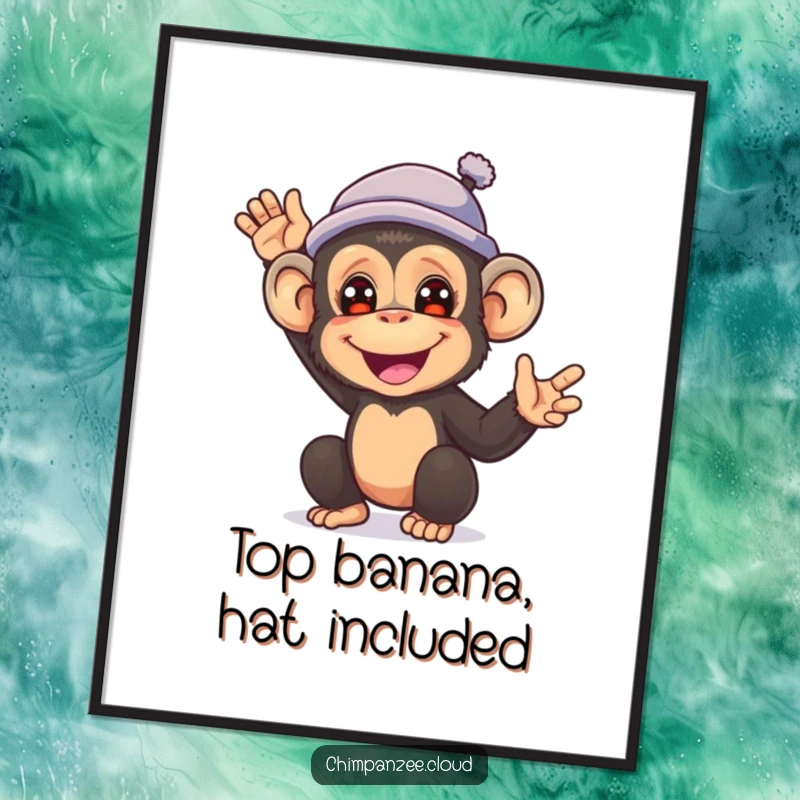 Funny Free Printable Wall Art: a happy chimpanzee sporting a tiny hat waves hello, a humorous downloadable art.