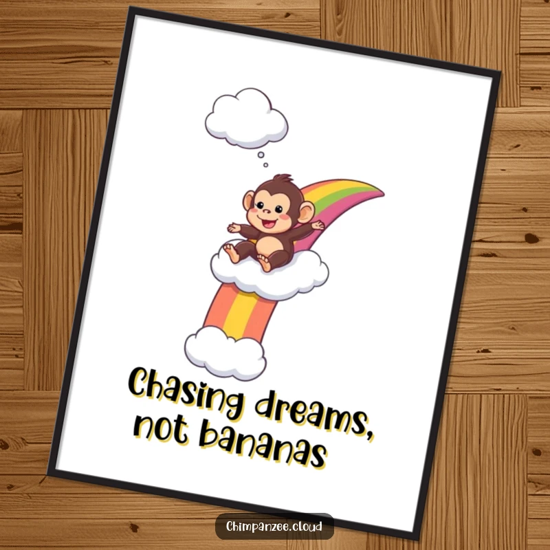 Funny Free Printable Wall Art: A playful chimpanzee slides down a vibrant rainbow, ending on a soft cloud, a cheerful scene.