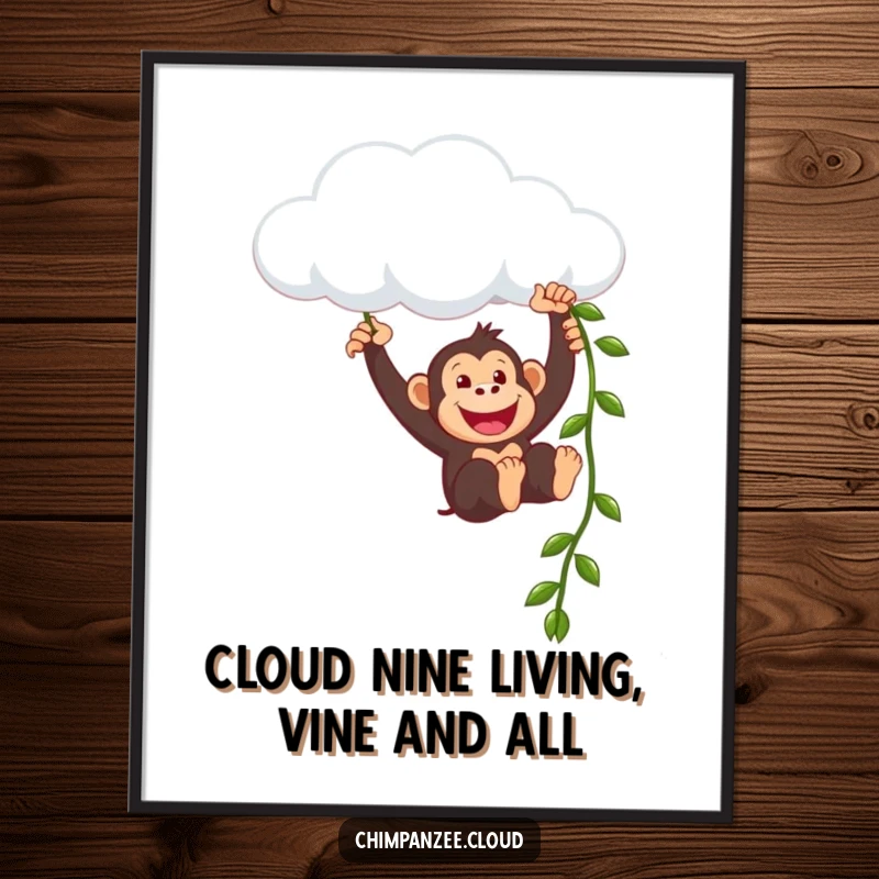 Funny Free Printable Wall Art: A cheerful chimpanzee hilariously swinging from a cloud, perfect for quirky decor.