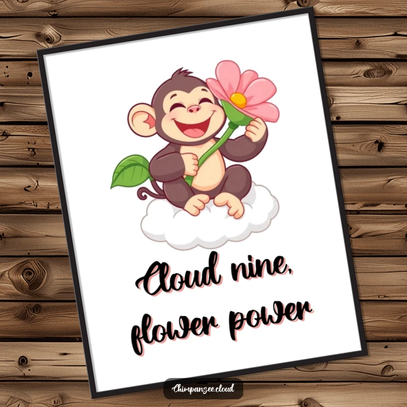Funny Free Printable Wall Art: Joyful chimpanzee holding a giant flower, floating serenely on a cloud deck. Whimsical art.