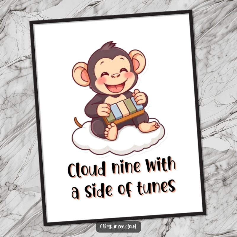 Funny Free Printable Wall Art: A charming chimpanzee sits on a cloud, playing a tiny xylophone with great enthusiasm.