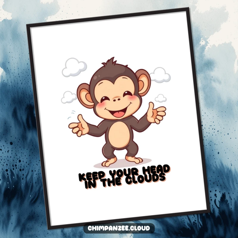 Funny Free Printable Wall Art of a cheerful chimpanzee character entertaining with a cloud juggling act.