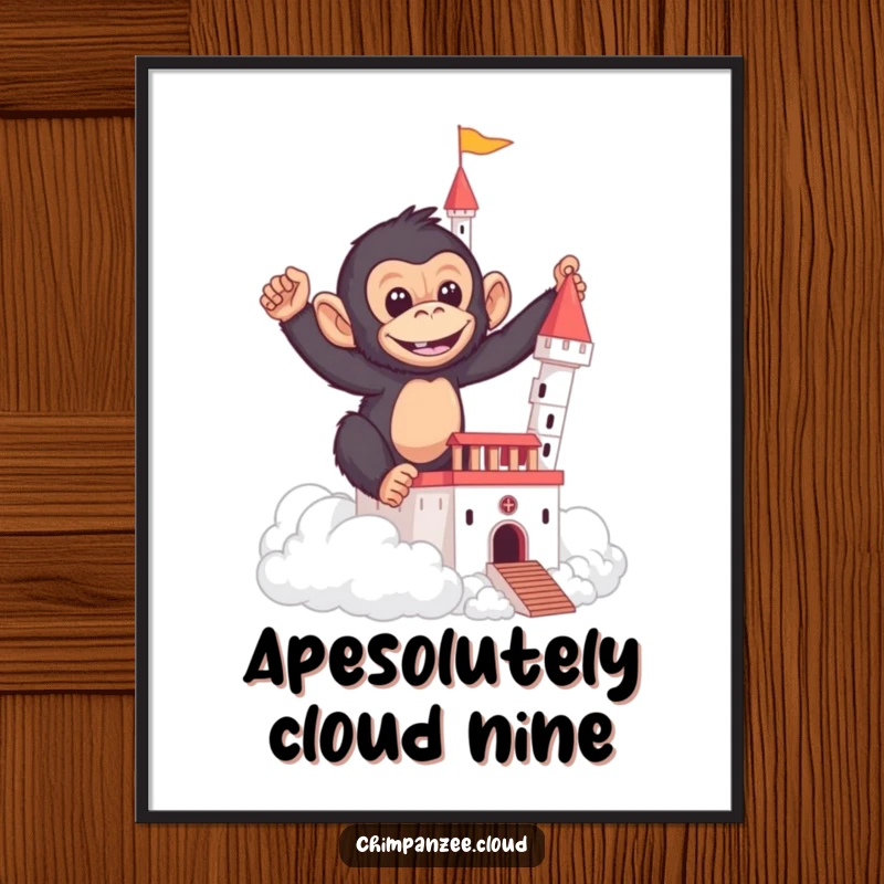Funny Free Printable Wall Art: a mischievous chimpanzee stacking clouds to construct an ethereal castle, a downloadable art.