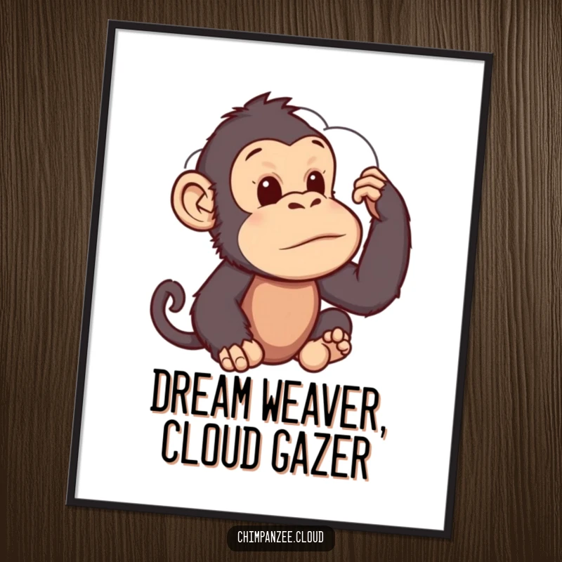 Funny Free Printable Wall Art: A chimpanzee thoughtfully gazing at a cloud formation, its expression hinting at profound, humorous contemplation.