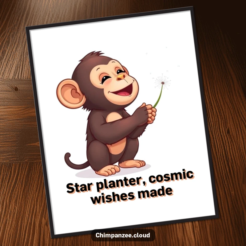 Funny Free Printable Wall Art: A delighted chimpanzee blowing dandelion seeds into a starry sky, spreading wishes.