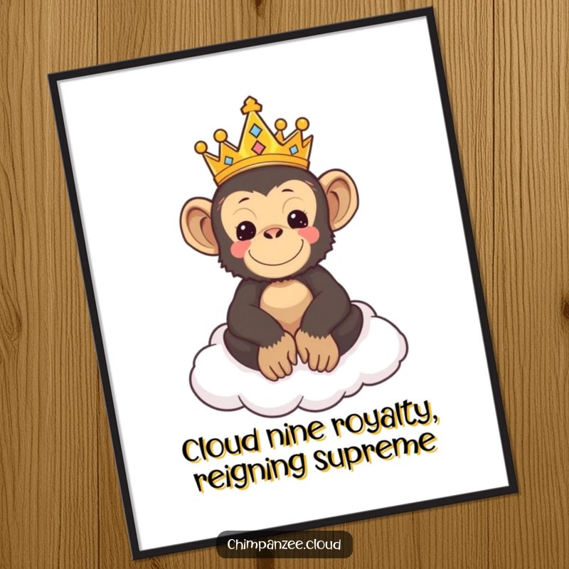 Funny free printable wall art of a cute chimpanzee king wearing a crown, majestically sitting on a fluffy cloud throne.