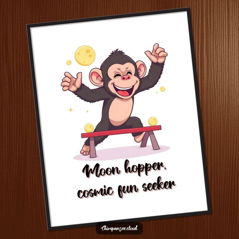 Funny Free Printable Wall Art: A giggling chimpanzee joyfully playing leapfrog with tiny moons amidst stars.