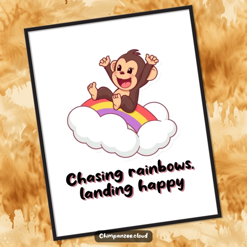 Funny Free Printable Wall Art: An ecstatic chimpanzee slides down a vibrant rainbow, landing with glee on a puffy cloud.