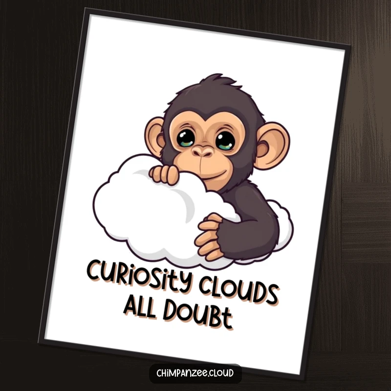 Funny Free Printable Wall Art: A chimpanzee's curious face peeking from behind a large, soft, fluffy cloud, a whimsical and amusing scene.