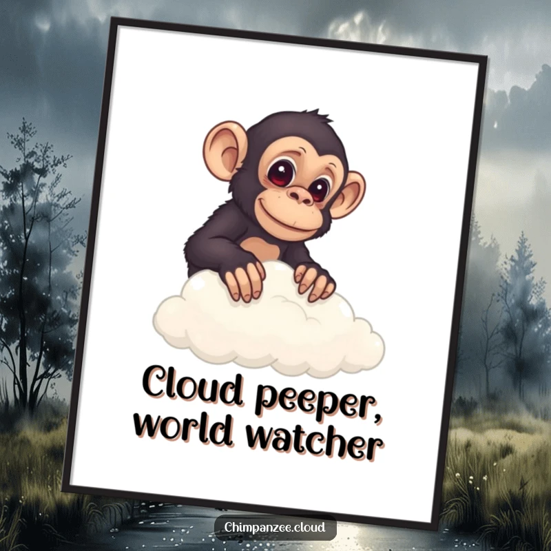 Funny Free Printable Wall Art: A curious chimp playfully peeks over the edge of a fluffy white cloud, observing the world.