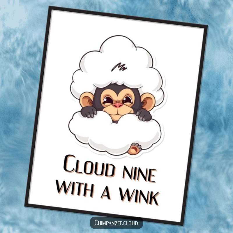 Funny Free Printable Wall Art: A stealthy chimpanzee hides behind a large, fluffy cloud, with just its eyes and a grin visible.