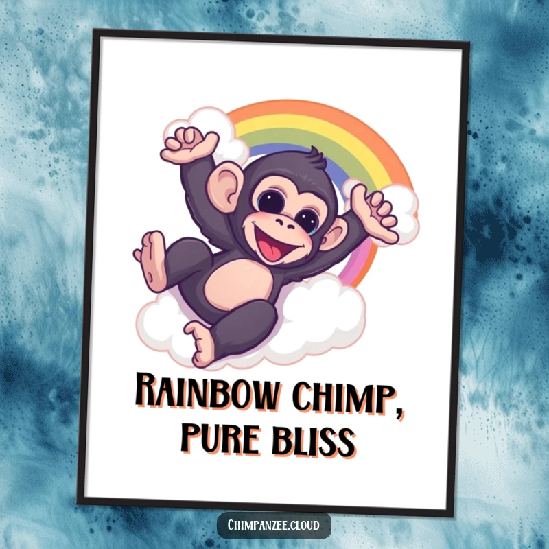 Funny Free Printable Wall Art: A playful chimp slides down a vibrant rainbow stretching from a fluffy cloud, full of joy.