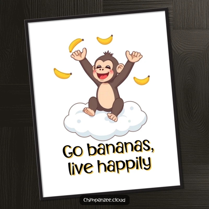 Funny Free Printable Wall Art: Happy chimpanzee juggling bananas while sitting on a fluffy cloud, whimsical downloadable art.