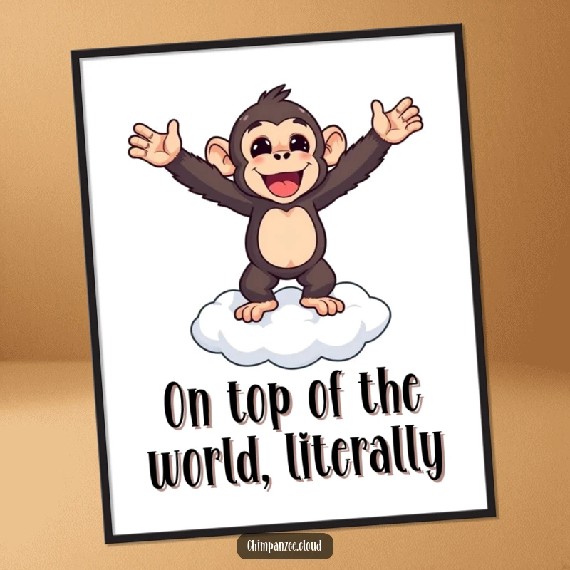 Funny Free Printable Wall Art: Triumphant chimpanzee stands proudly on a cloud, arms outstretched in victory, motivational art.