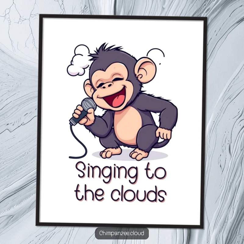 Funny Free Printable wall art of a playful chimpanzee singing happily into a cloud with a microphone.