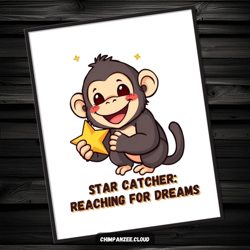 Funny Free Printable Wall Art: Smiling chimpanzee holding a star with wide eyes, looking delighted and amazed.