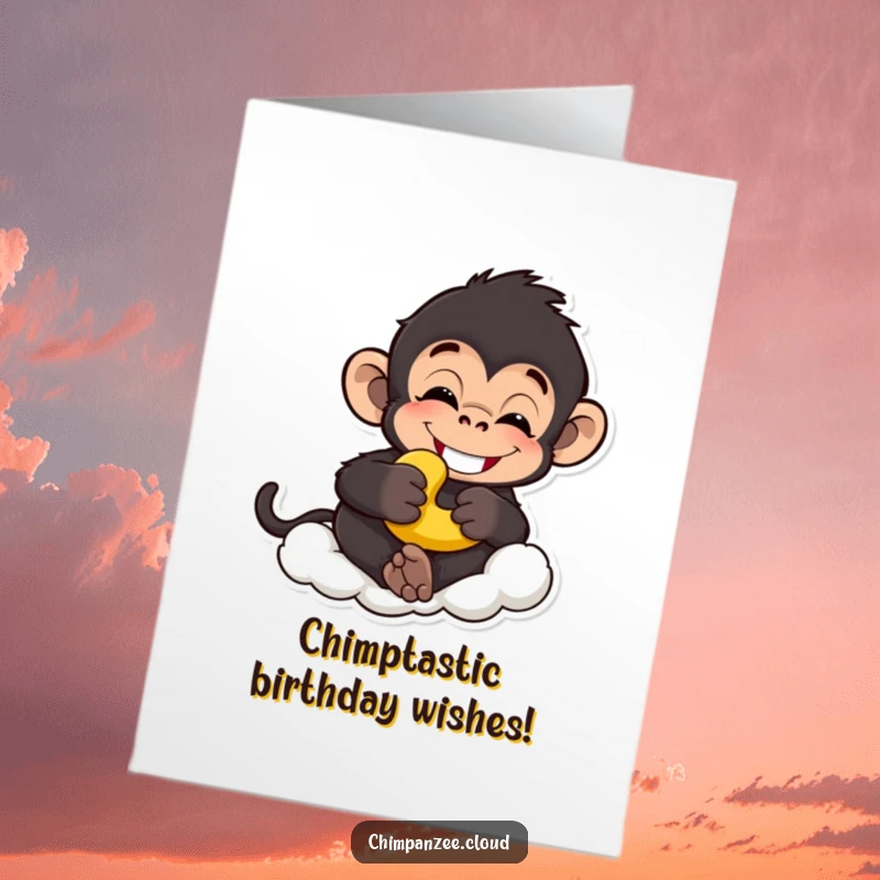 Funny Free Printable Birthday Card featuring a grinning chimp relaxing on a cloud, holding a banana, ready to celebrate.