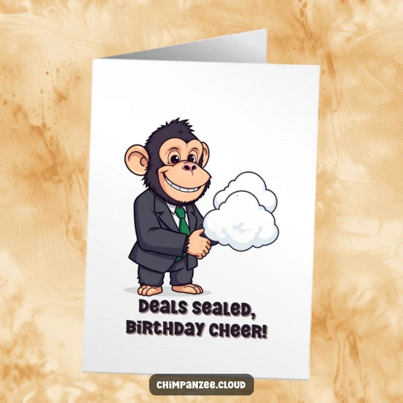 Funny Free Printable birthday card: a smiling chimpanzee in a suit shakes hands with a cloud.