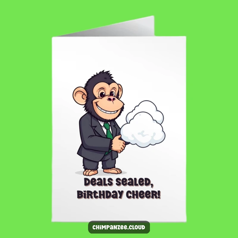 Free Printable Funny Chimp CEO Birthday Card: Humorous Cloud Handshake Downloadable Greeting