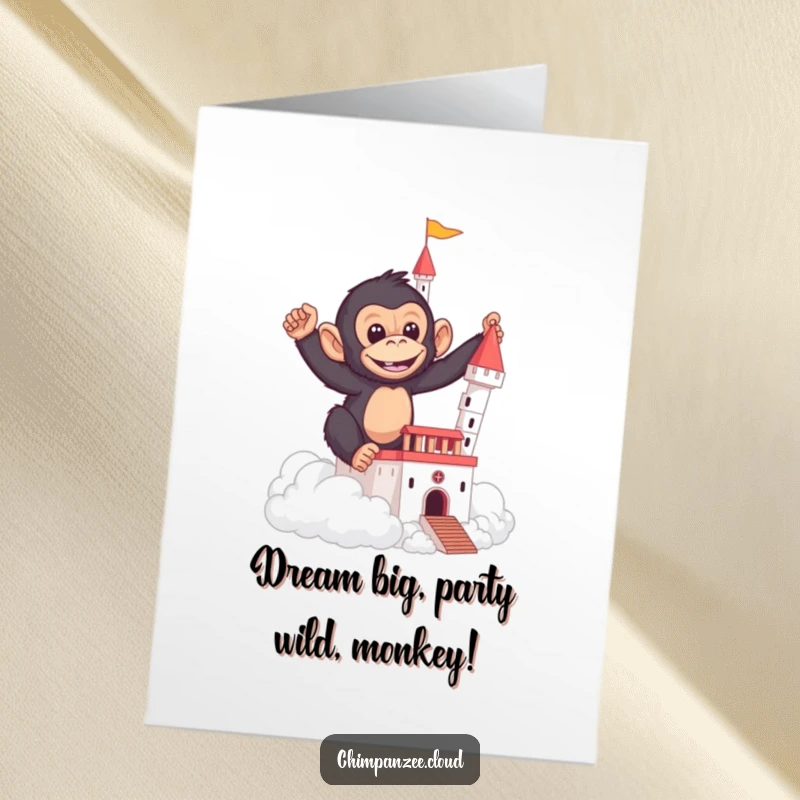 Funny Free Printable Birthday Card: a mischievous chimpanzee stacking clouds to build a castle, a whimsical DIY gift.