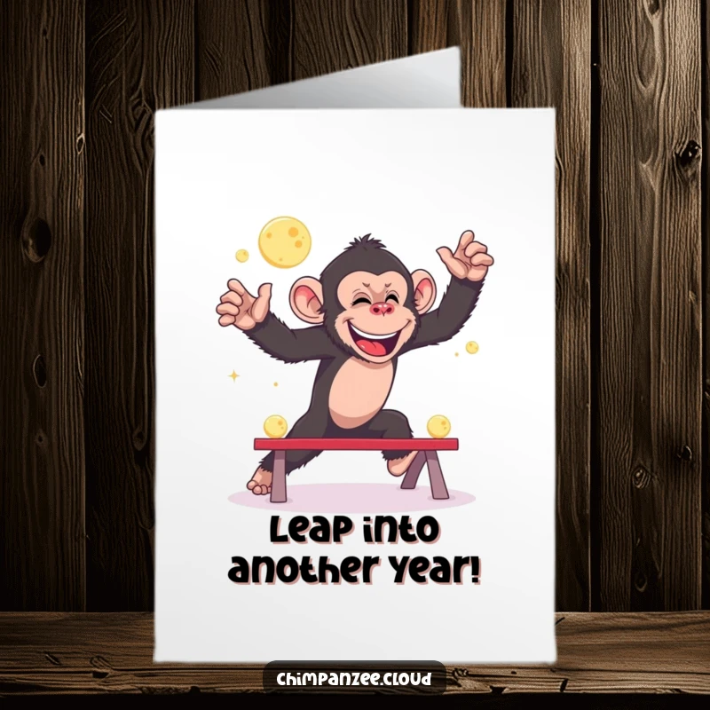 Funny Free Printable Birthday Card: Giggling chimpanzee playing leapfrog over small moons, celebrating in the night sky.