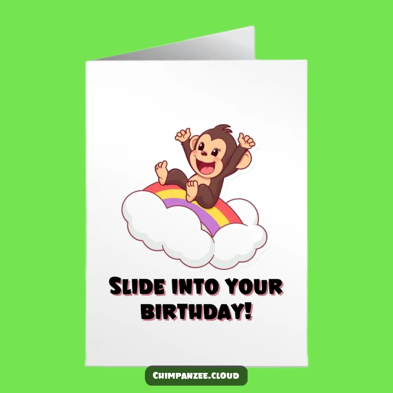Free Printable Birthday Card: Chimp Slides Rainbow to Cloud Downloadable