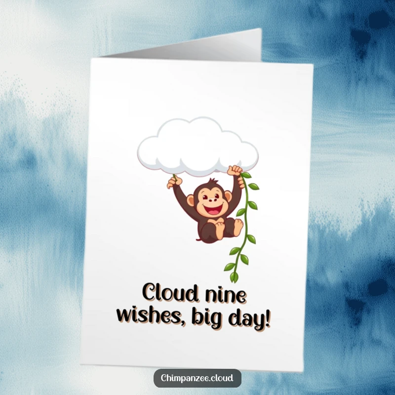 Funny Free Printable Birthday Card: Chimpanzee swinging joyfully from a cloud on a vine, bringing smiles.