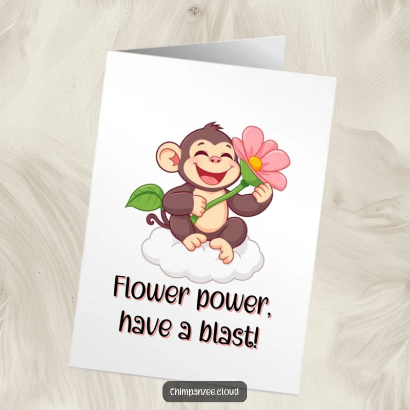 Funny Free Printable Birthday Card: Joyful chimpanzee holding a giant flower, floating on a cloud deck, spreading birthday cheer.