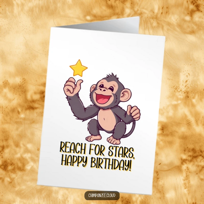 Funny Free Printable Birthday Card: A happy chimp reaches for a twinkling star, wishing you the happiest birthday yet.