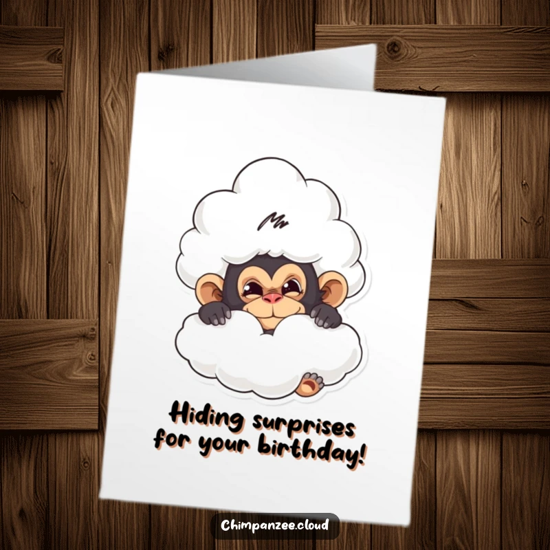 Funny Free Printable Birthday Card: A mischievous chimpanzee peeks out from behind a soft, fluffy white cloud with a sly grin.