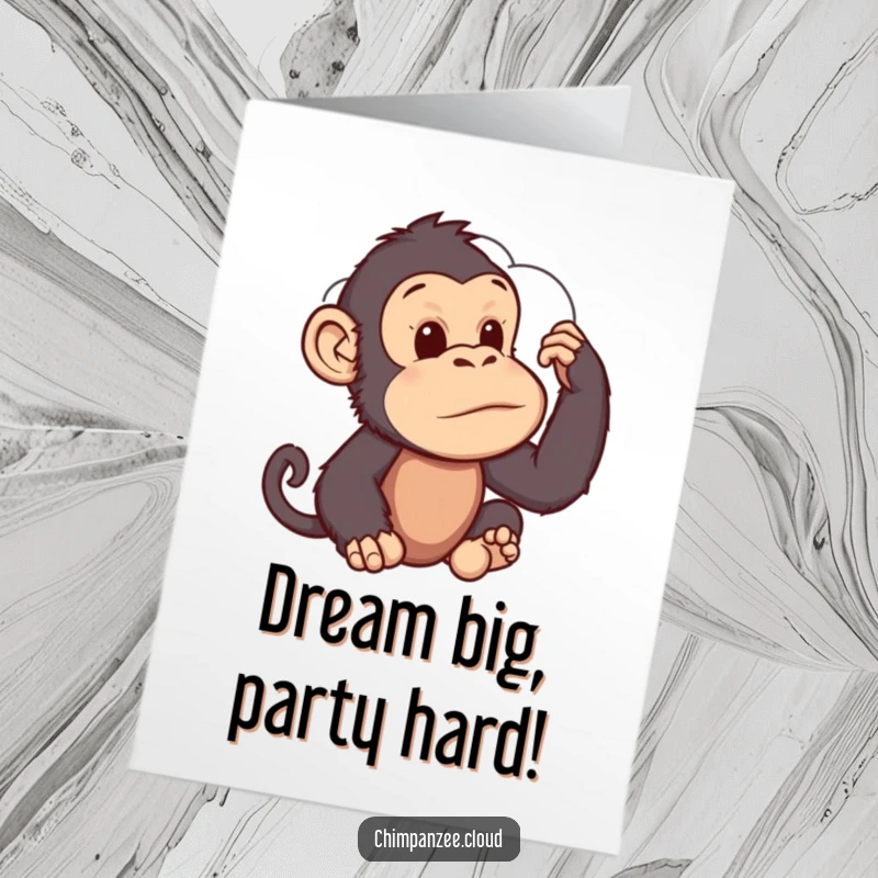 Funny Free Printable Birthday Card: Thoughtful chimpanzee gazing at a cloud shaped like a birthday cake, contemplating sweet wishes.