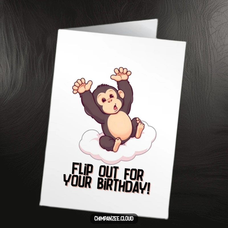 Funny Free Printable Birthday Card: A chimpanzee joyfully performing a somersault mid-air on a fluffy white cloud, pure birthday excitement.