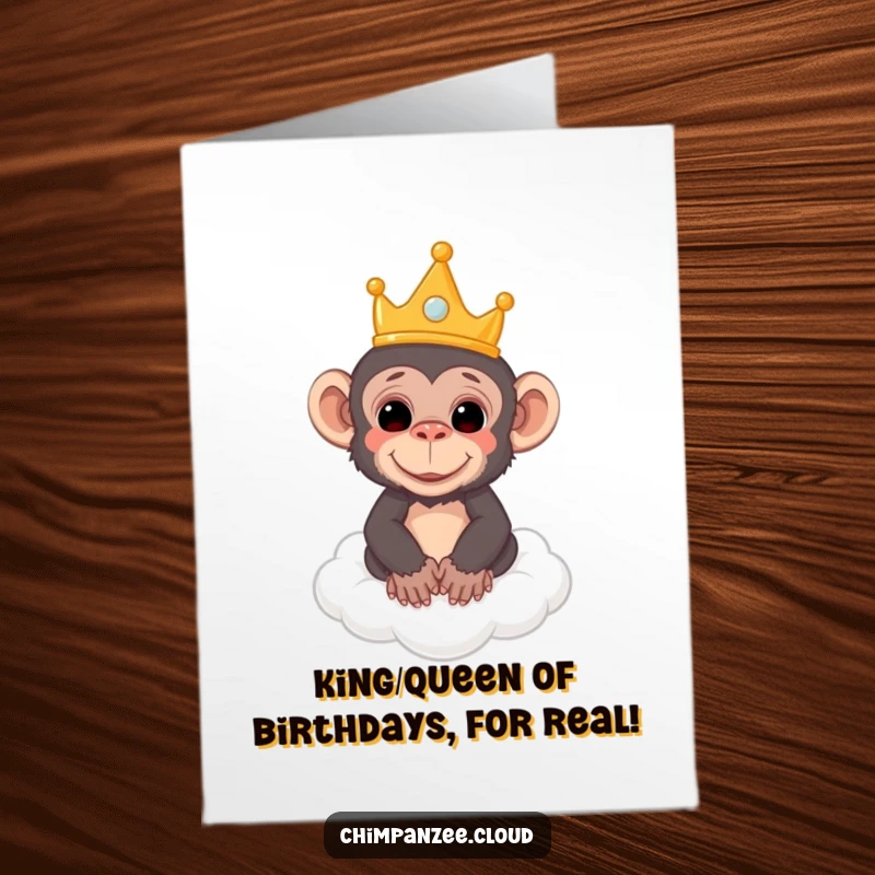Funny Free Printable Birthday Card: Chimpanzee wearing a small crown floats joyfully on a cloud, ruling the birthday sky.