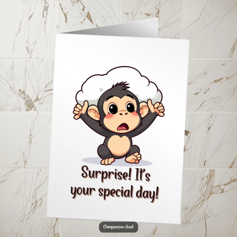Funny Free Printable Birthday Card: A chimpanzee looks surprised as a fluffy cloud gently pushes it along.