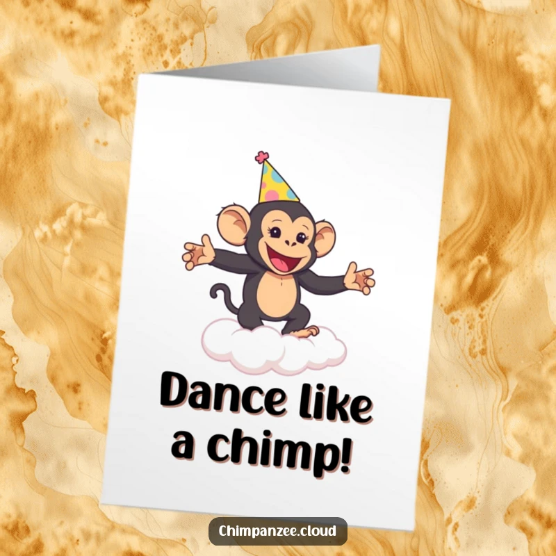 Funny Free Printable birthday card featuring a cheerful chimpanzee in a party hat dancing on a cloud.