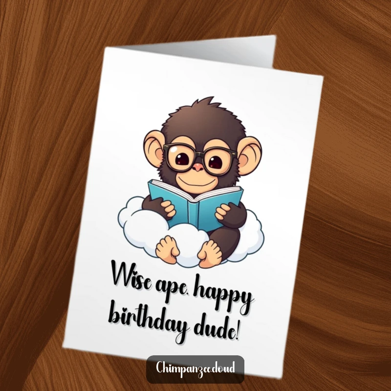 Funny Free Printable birthday card featuring a fluffy chimpanzee in glasses reading on a cloud.