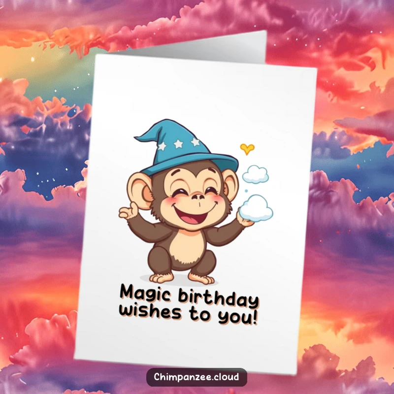 Funny Free Printable Birthday Card: Joyful chimp in wizard hat conjures cloud shapes, celebrating a magical birthday.