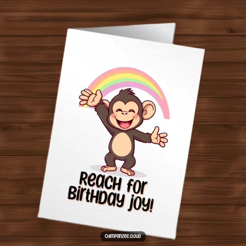 Funny Free Printable Birthday Card: Happy chimpanzee joyfully reaches towards a vibrant rainbow arc in the sky.