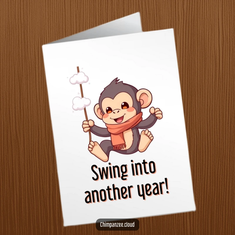 Funny Free Printable Birthday Card: Playful chimpanzee in scarf swinging from cloud wisps, full of glee.